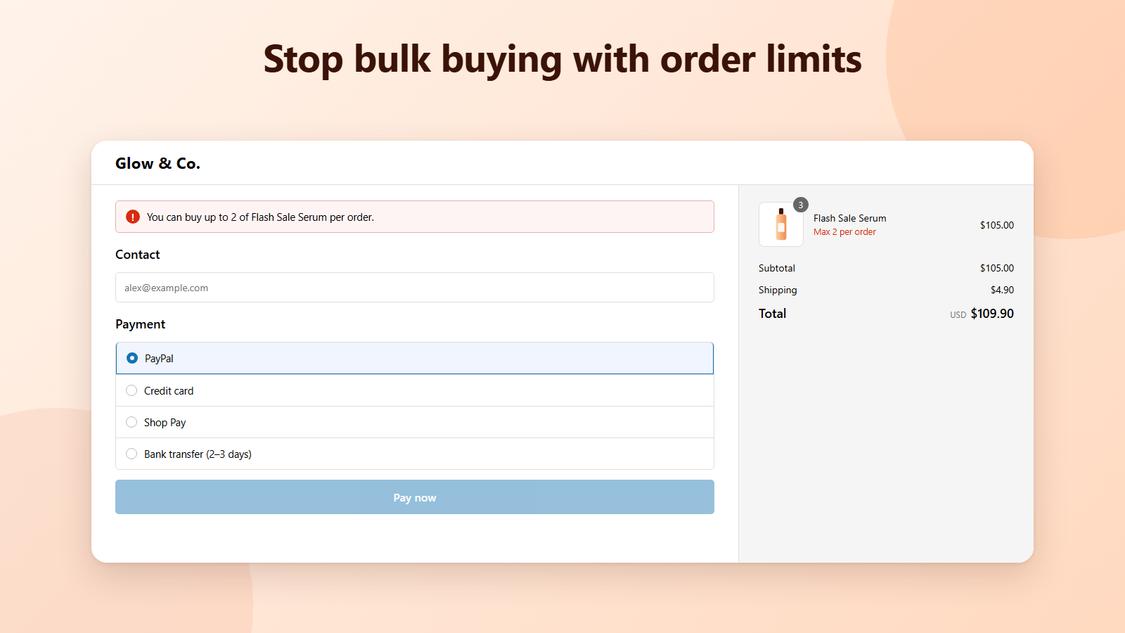 Checkout blocked by a max 2 per order limit on a sale product