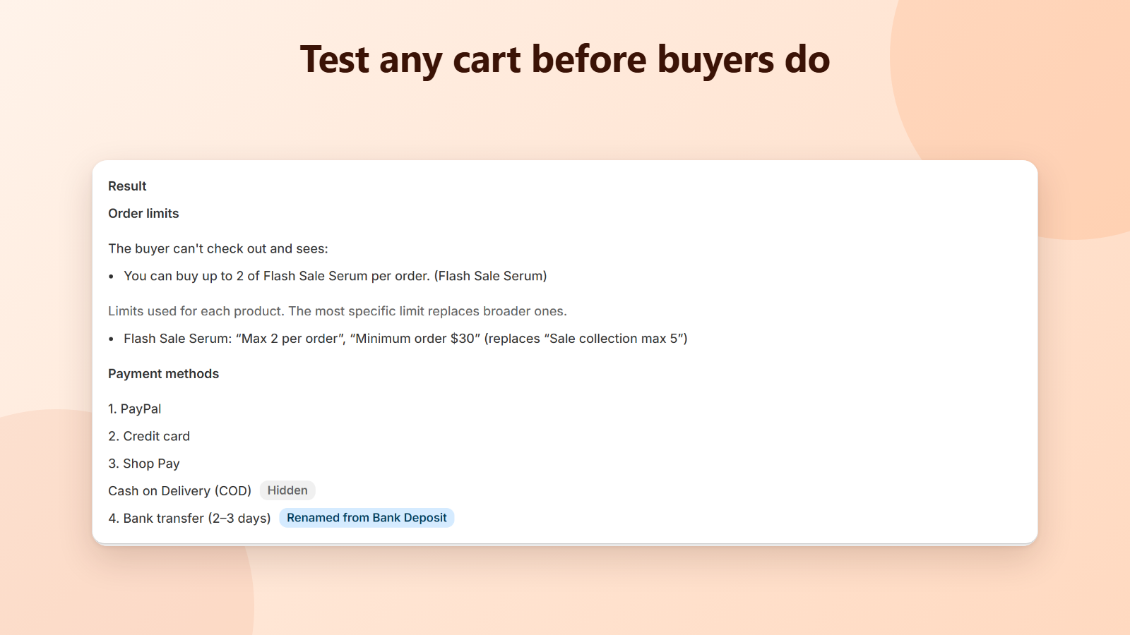 Simulator showing the buyer's message and payment methods